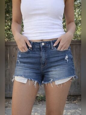 Just USA Distressed Frayed Hem Dark Blue Denim Cutoff Shorts Sz M